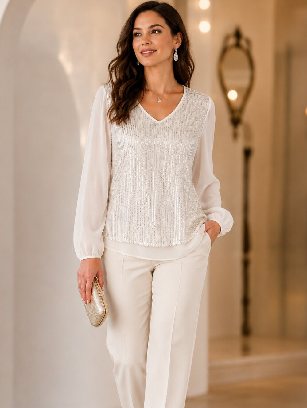 Elegant White Sequin Women's Top By Kannada - NWOT